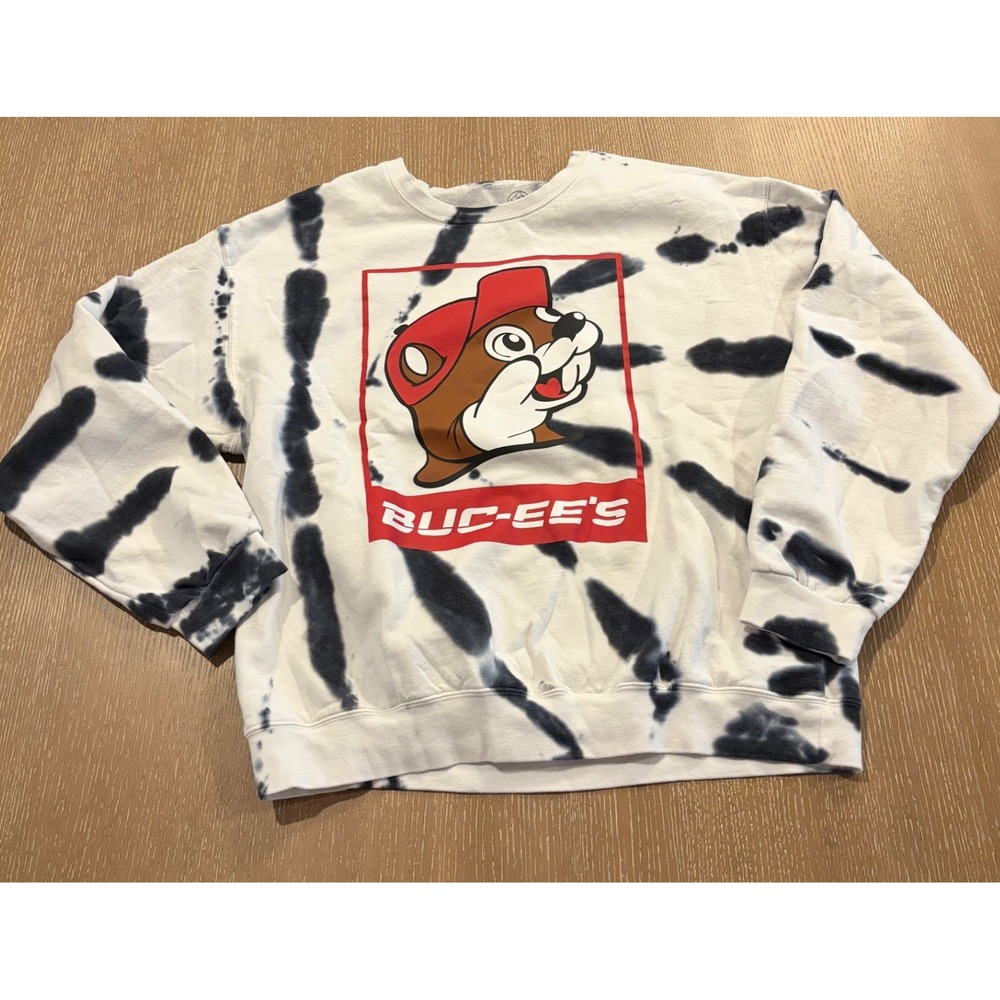 Buc-ee's Men's XL Tie Dye Crewneck Sweatshirt White Black Graphic Pullover